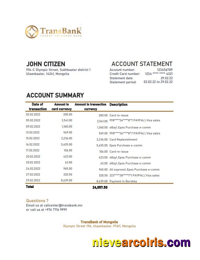 Mongolia Transbank statement